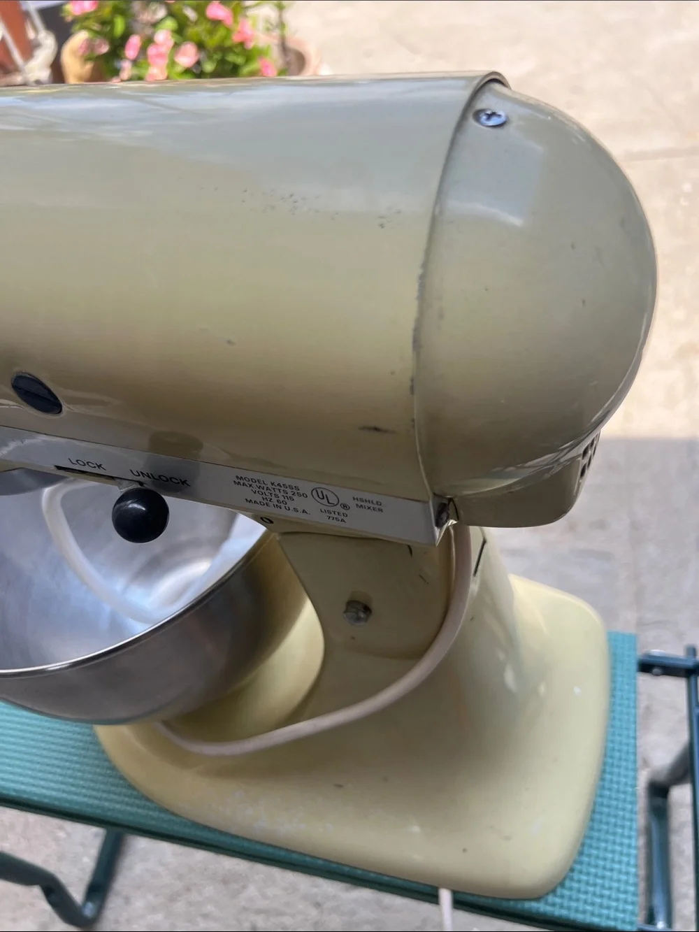 Vintage KitchenAid Tilt-Head Stand Mixer in Pale Yellow with Stainless Bowl